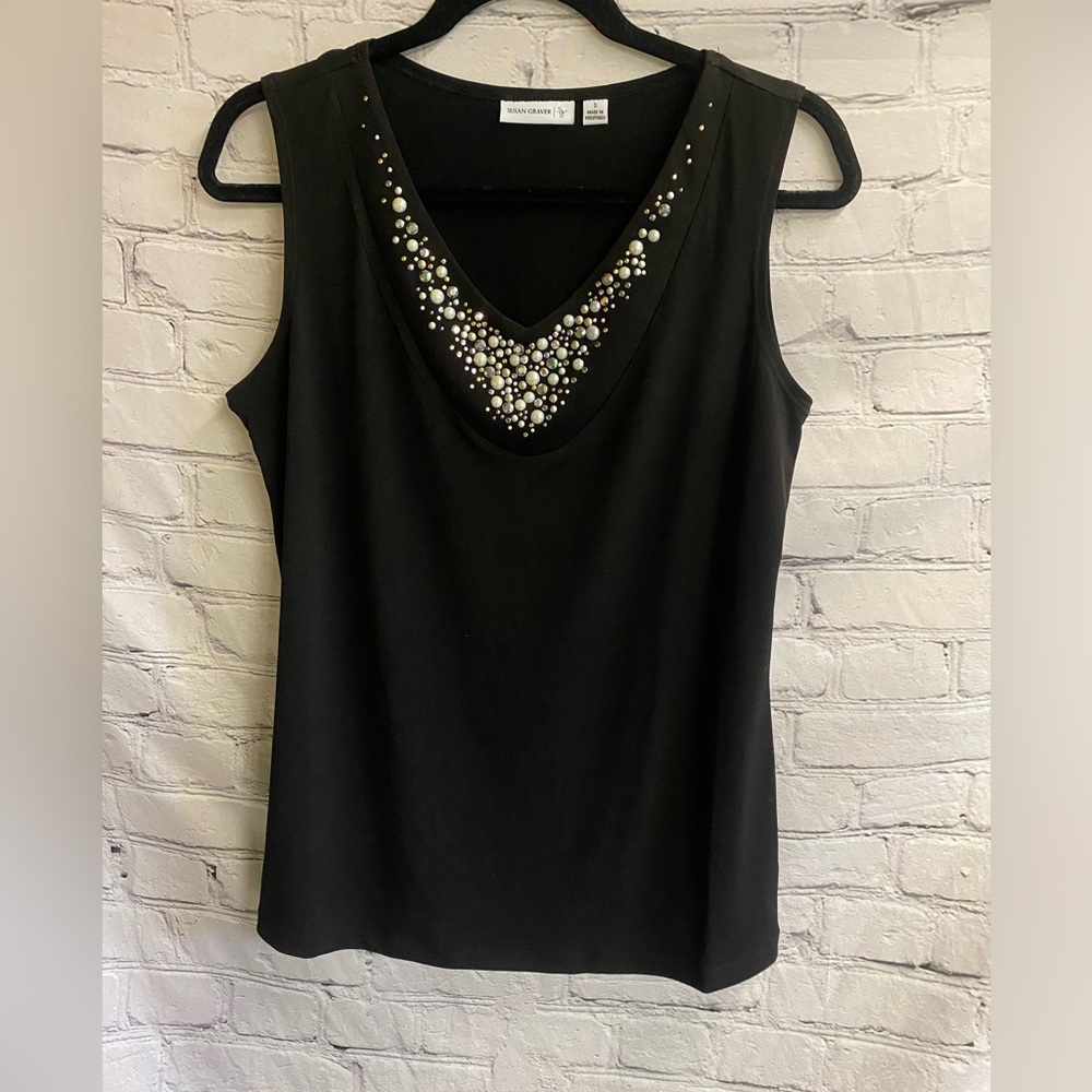 5/$20 Susan Graver Artisan V Neck Tank Top Womens Size S Black Embellished